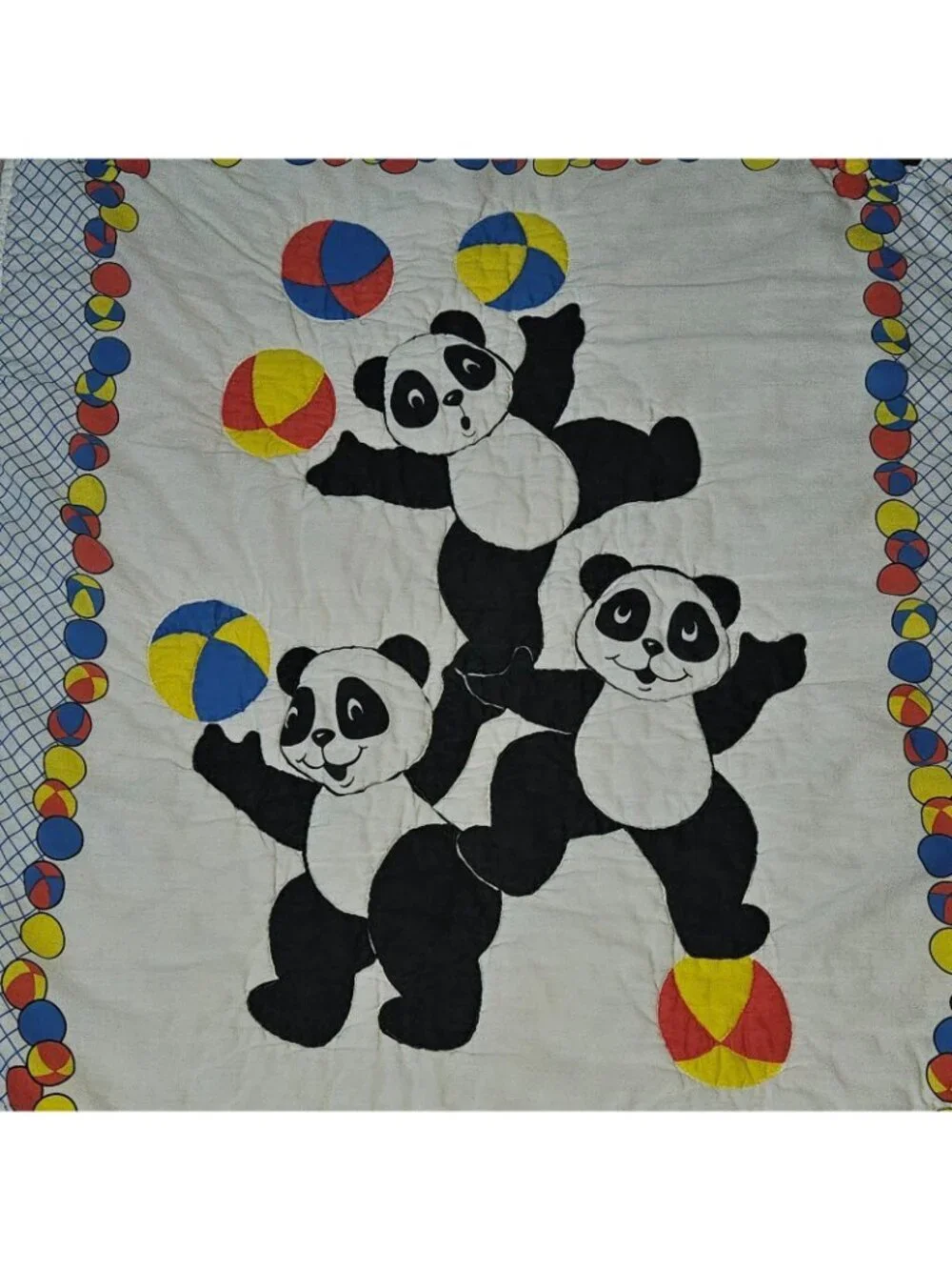 VTG That's Our Baby Quilted Blanket Panda Bears Balls Red Blue Yellow Primary